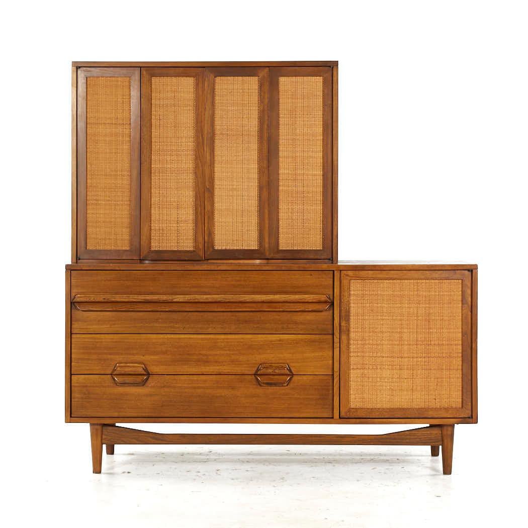 Lawrence Peabody Mid Century Walnut and Cane Buffet with Hutch

The buffet measures: 58 wide x 19.25 deep x 30 inches high
The hutch measures: 38.5 wide x 14.75 deep x 29.25 inches high
The combined height of the buffet and hutch is 59.25