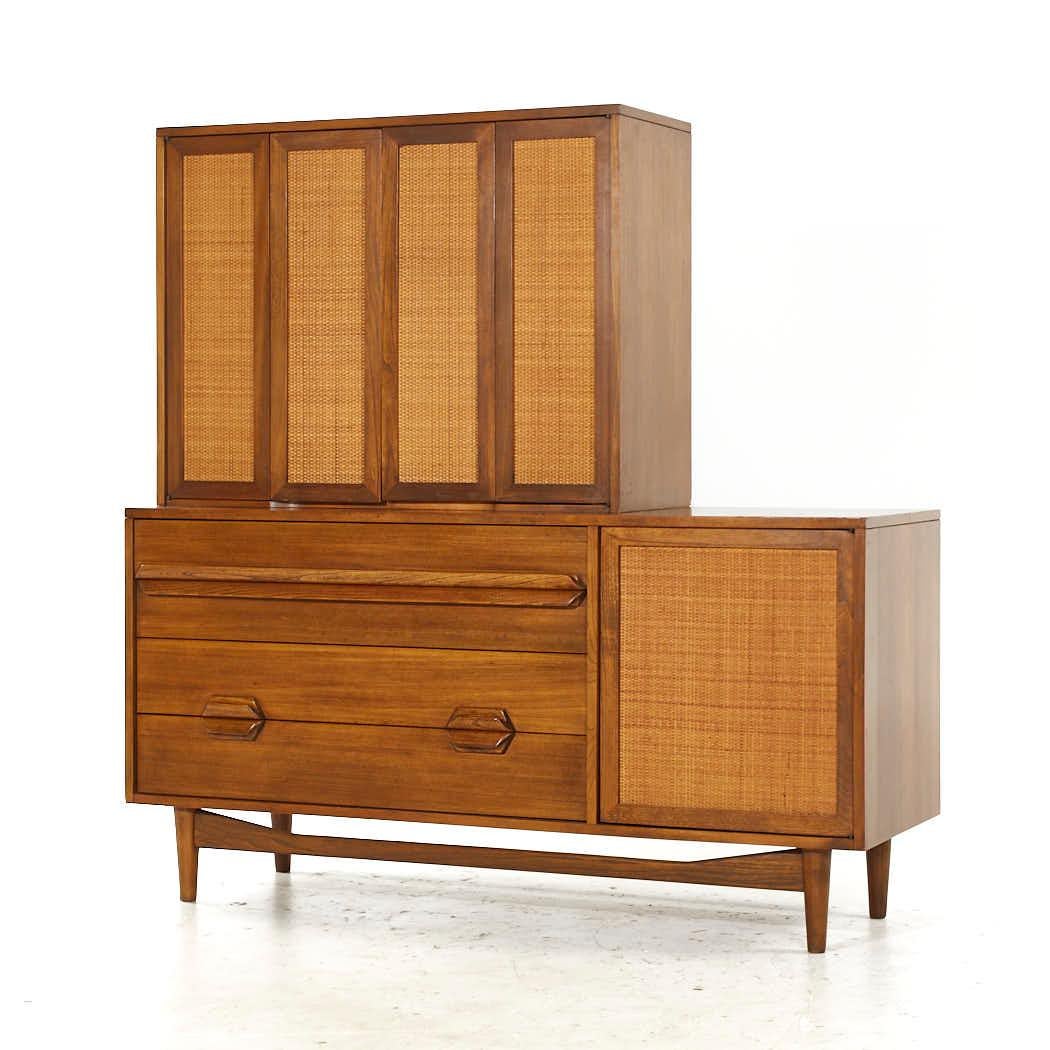 Mid-Century Modern Lawrence Peabody Mid Century Walnut and Cane Buffet with Hutch For Sale