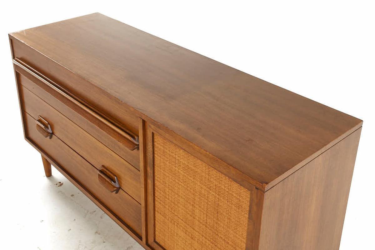 Late 20th Century Lawrence Peabody Mid Century Walnut and Cane Buffet with Hutch For Sale