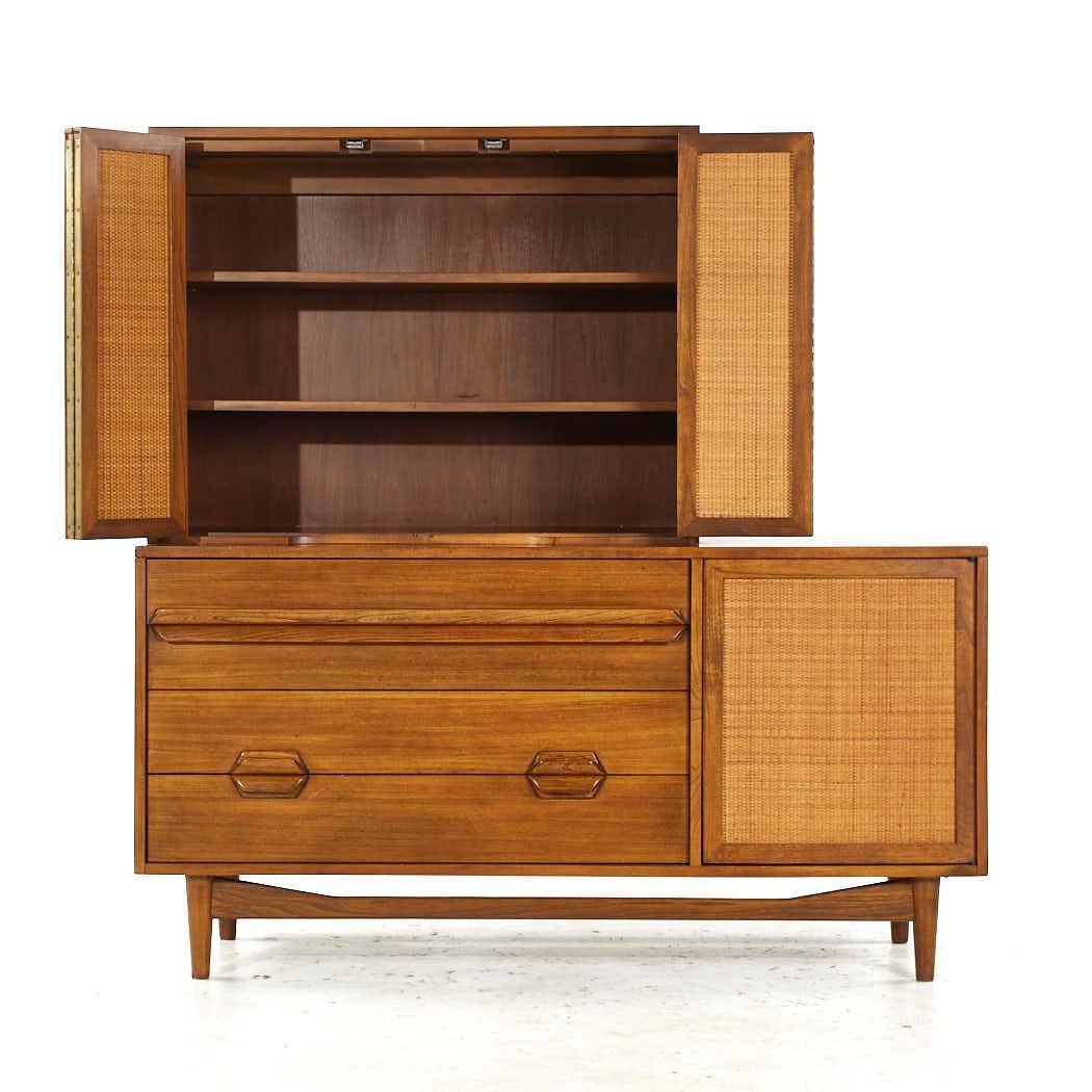 Lawrence Peabody Mid Century Walnut and Cane Buffet with Hutch For Sale 1