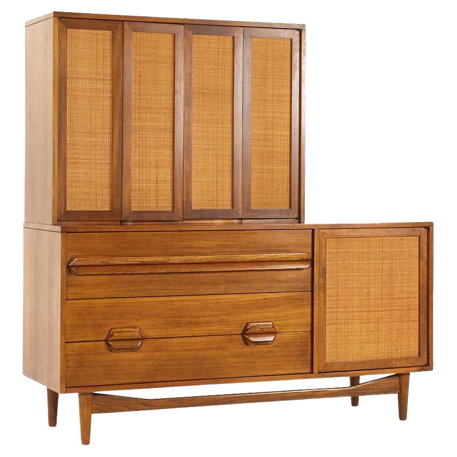 Lawrence Peabody Mid Century Walnut and Cane Buffet with Hutch For Sale