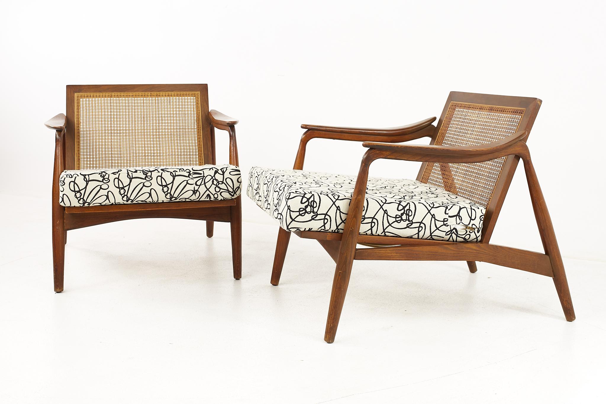 Mid-Century Modern Lawrence Peabody Mid Century Walnut and Cane Lounge Chairs, a Pair 