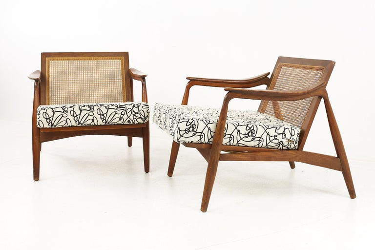 Mid-Century Modern Lawrence Peabody Mid Century Walnut and Cane Lounge Chairs, a Pair 