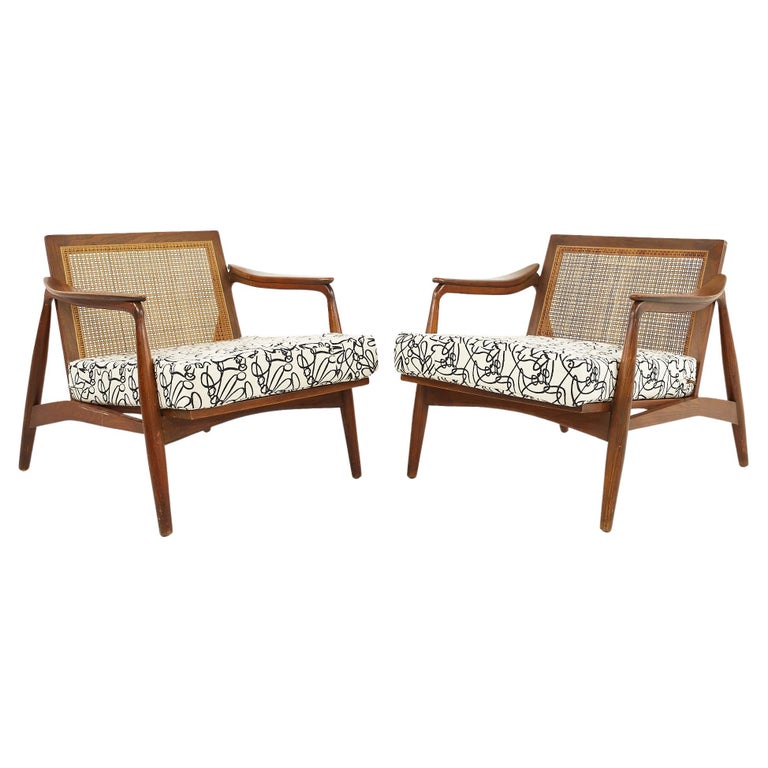 Lawrence Peabody Mid Century Walnut and Cane Lounge Chairs, a Pair 