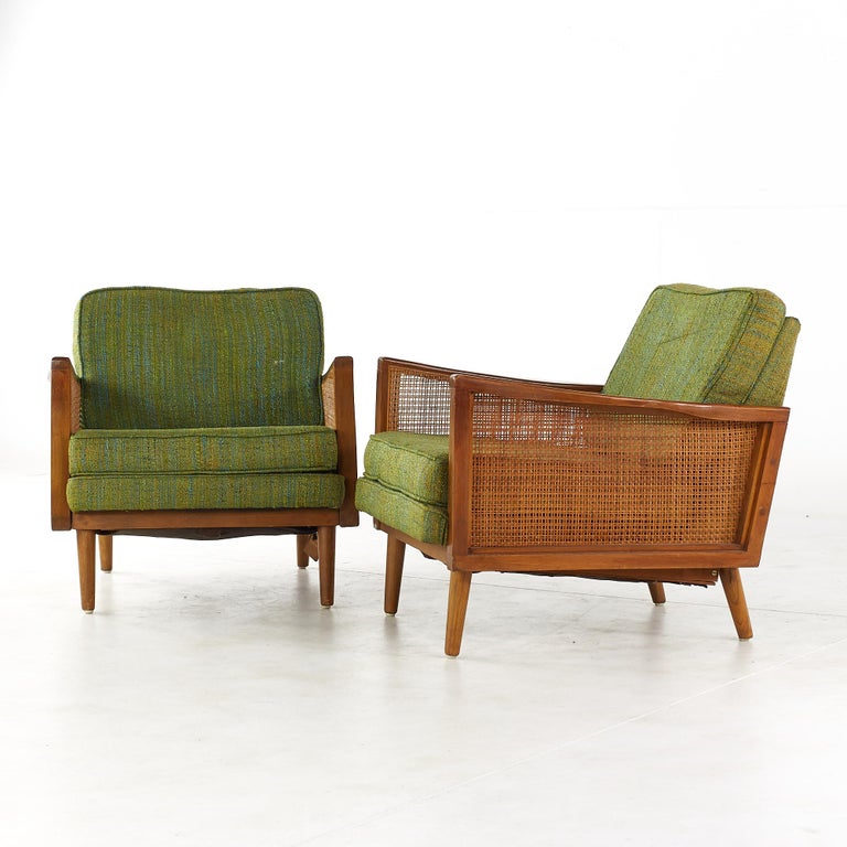 Mid-Century Modern Lawrence Peabody Mid Century Walnut and Cane Lounge Chairs, Pair For Sale