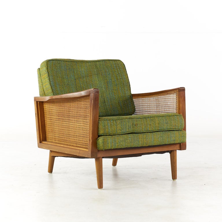 American Lawrence Peabody Mid Century Walnut and Cane Lounge Chairs, Pair For Sale