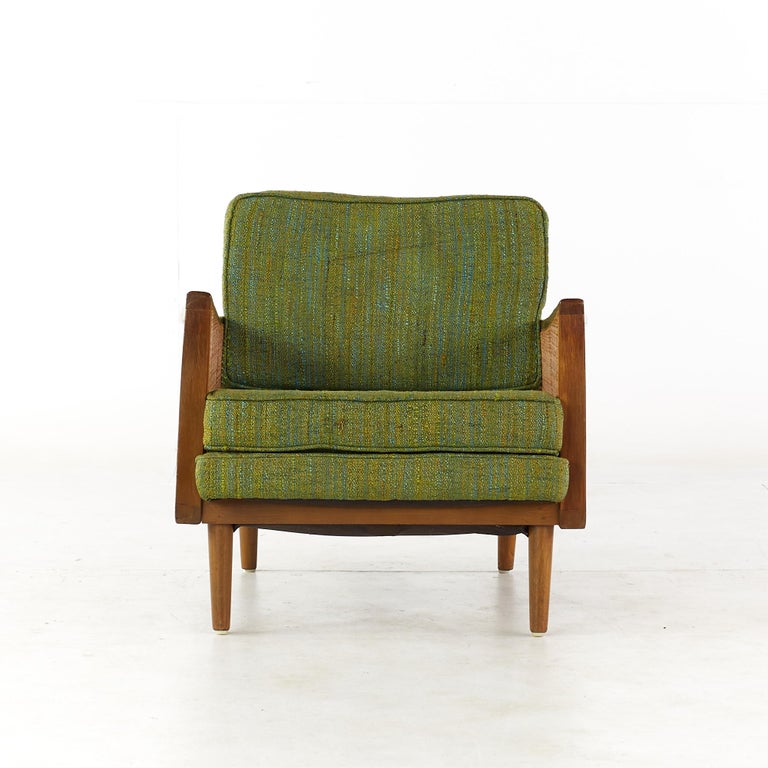 Lawrence Peabody Mid Century Walnut and Cane Lounge Chairs, Pair In Good Condition For Sale In Countryside, IL