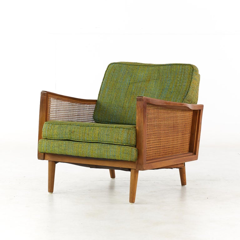 Late 20th Century Lawrence Peabody Mid Century Walnut and Cane Lounge Chairs, Pair For Sale