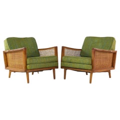Lawrence Peabody Mid Century Walnut and Cane Lounge Chairs, Pair
