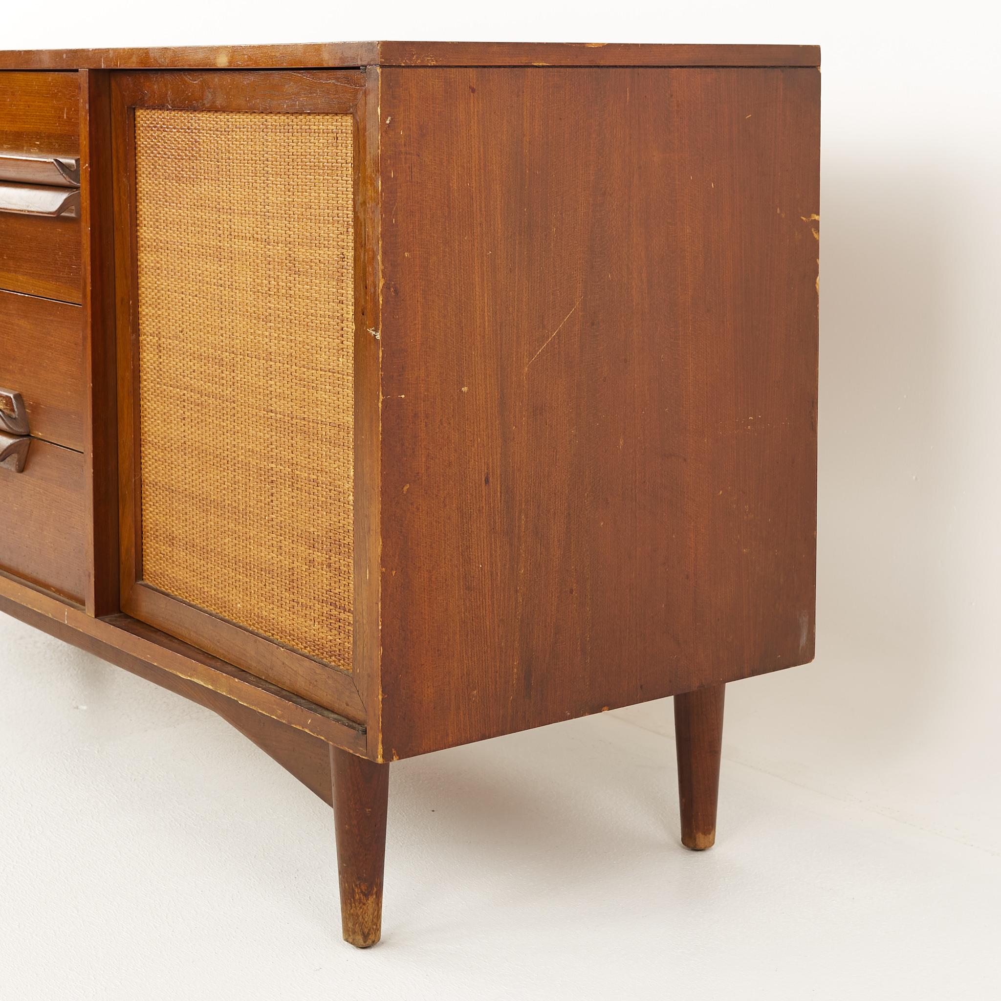 Lawrence Peabody Mid Century Walnut and Cane Sideboard Credenza In Good Condition For Sale In Countryside, IL