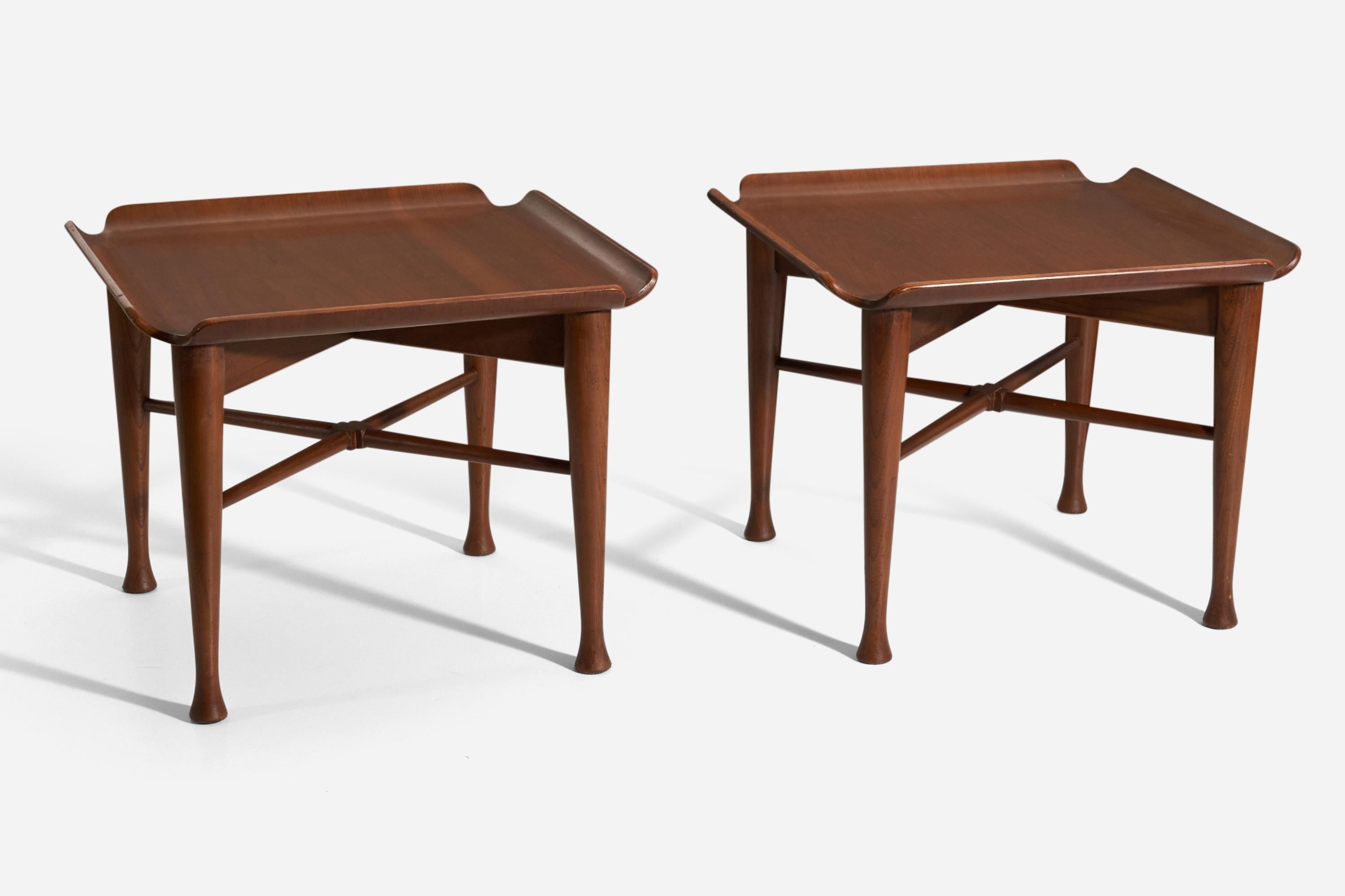 A pair of solid walnut and molded walnut, plywood side tables/end tables, designed by Lawrence Peabody for Richardson Nemschoff, United States, 1960s.
 