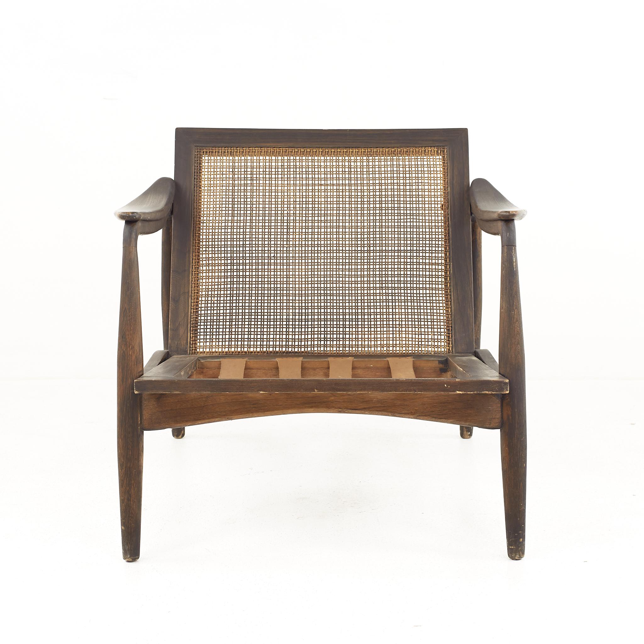 American Lawrence Peabody R Nemschoff MCM Ebonized Walnut Cane Lounge Chairs, Pair For Sale