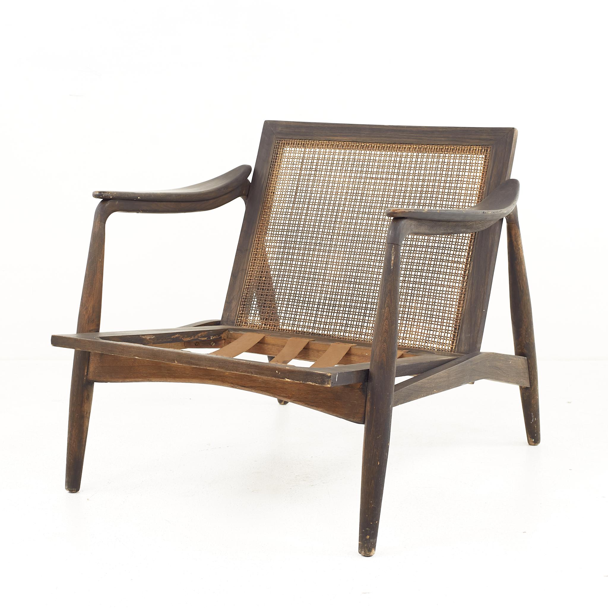 Lawrence Peabody R Nemschoff MCM Ebonized Walnut Cane Lounge Chairs, Pair In Good Condition For Sale In Countryside, IL
