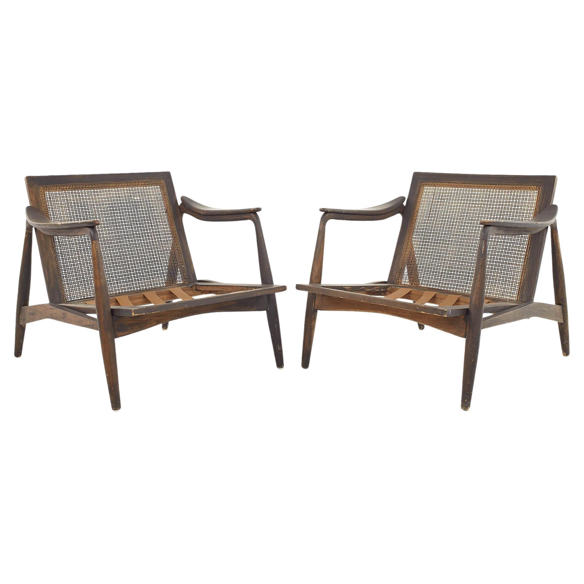 Lawrence Peabody R Nemschoff MCM Ebonized Walnut Cane Lounge Chairs, Pair