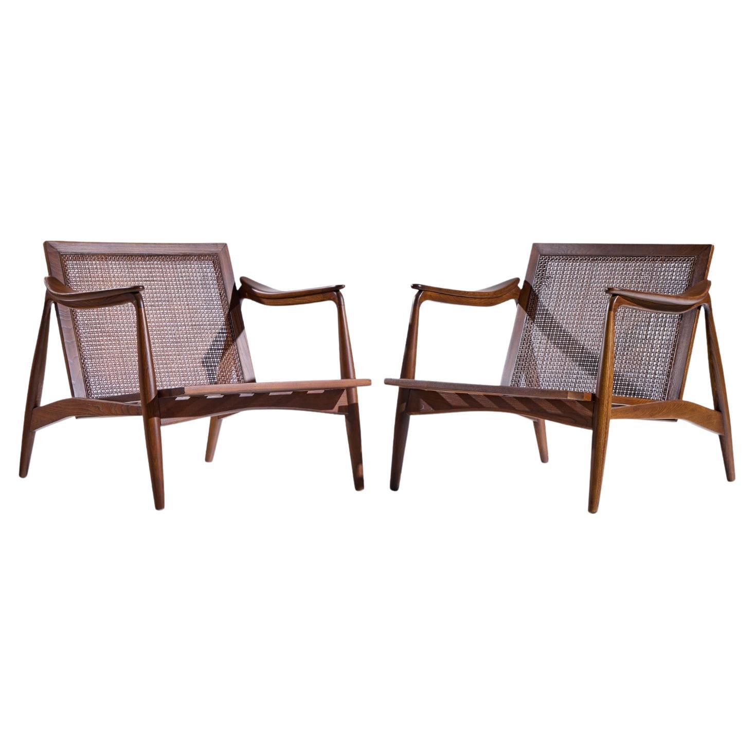 Lawrence Peabody for Nemschoff Ebonized Walnut and Cane Lounge Chairs - Pair For Sale