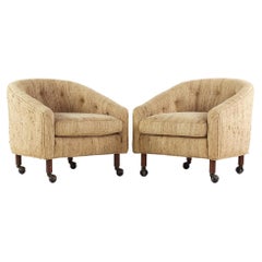 Lawrence Peabody Style Mid Century Barrel Swivel Lounge Chairs, Pair
