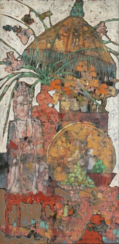 Vintage East Wind -- Bohemian Still Life with Fringed Lamp and Statue