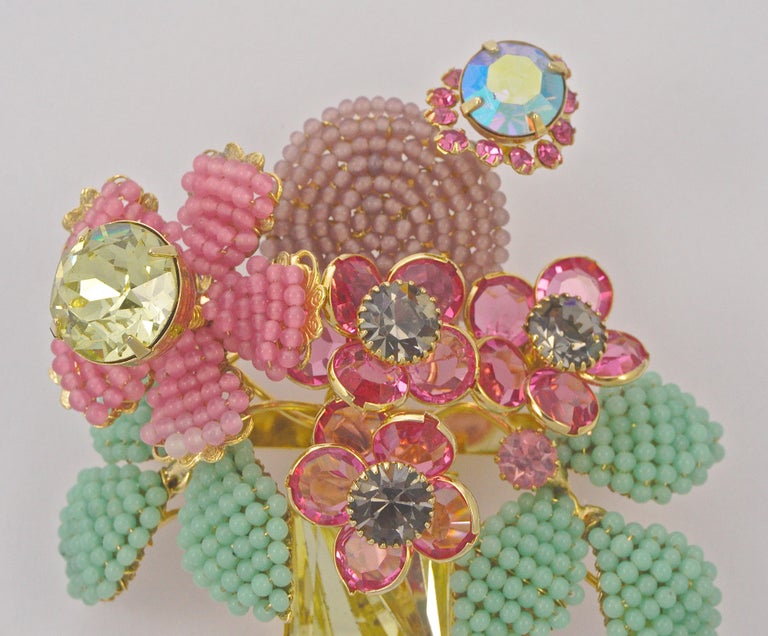 Lawrence Vrba 1980s Gold Tone En Tremblant Vase Flower Beads Rhinestones  Brooch For Sale at 1stDibs