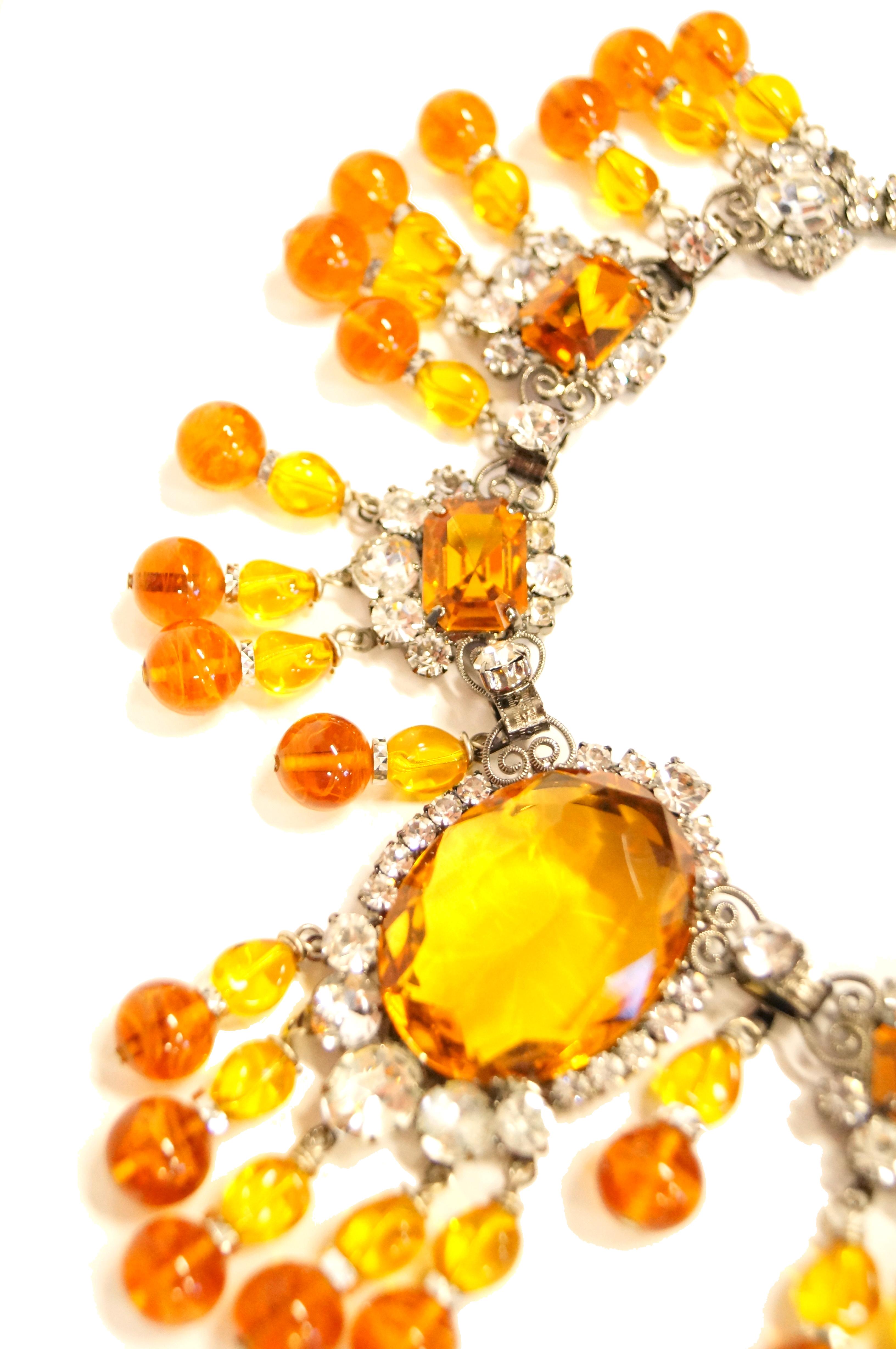 Oval Cut Lawrence Vrba Citrine Glass Statement Necklace and Earrings Set