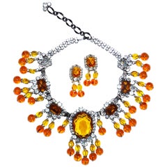 Retro Lawrence Vrba Citrine Glass Statement Necklace and Earrings Set