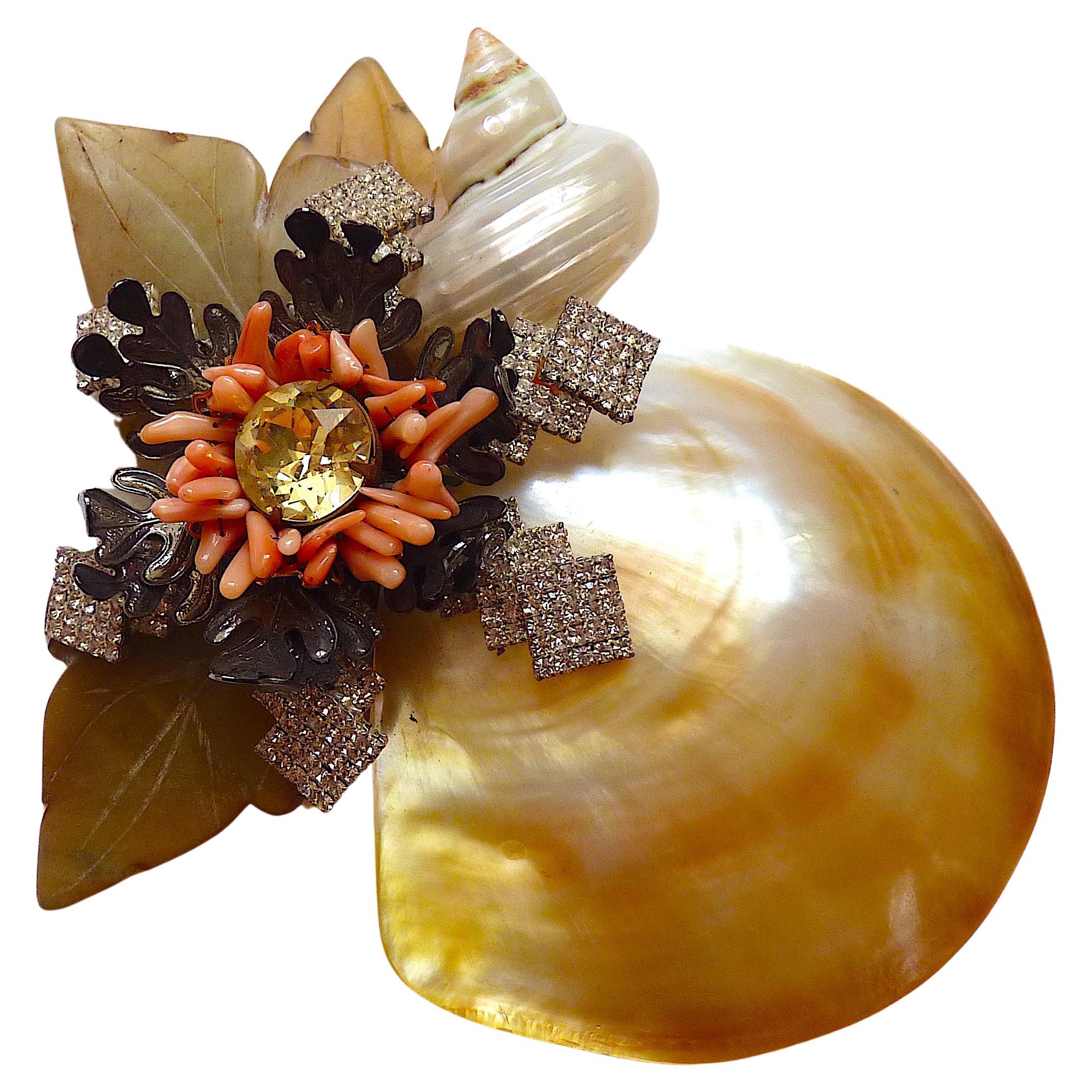 LAWRENCE VRBA Sea Shells & Glass Crystal Oversized Brooch from the 1980s For Sale