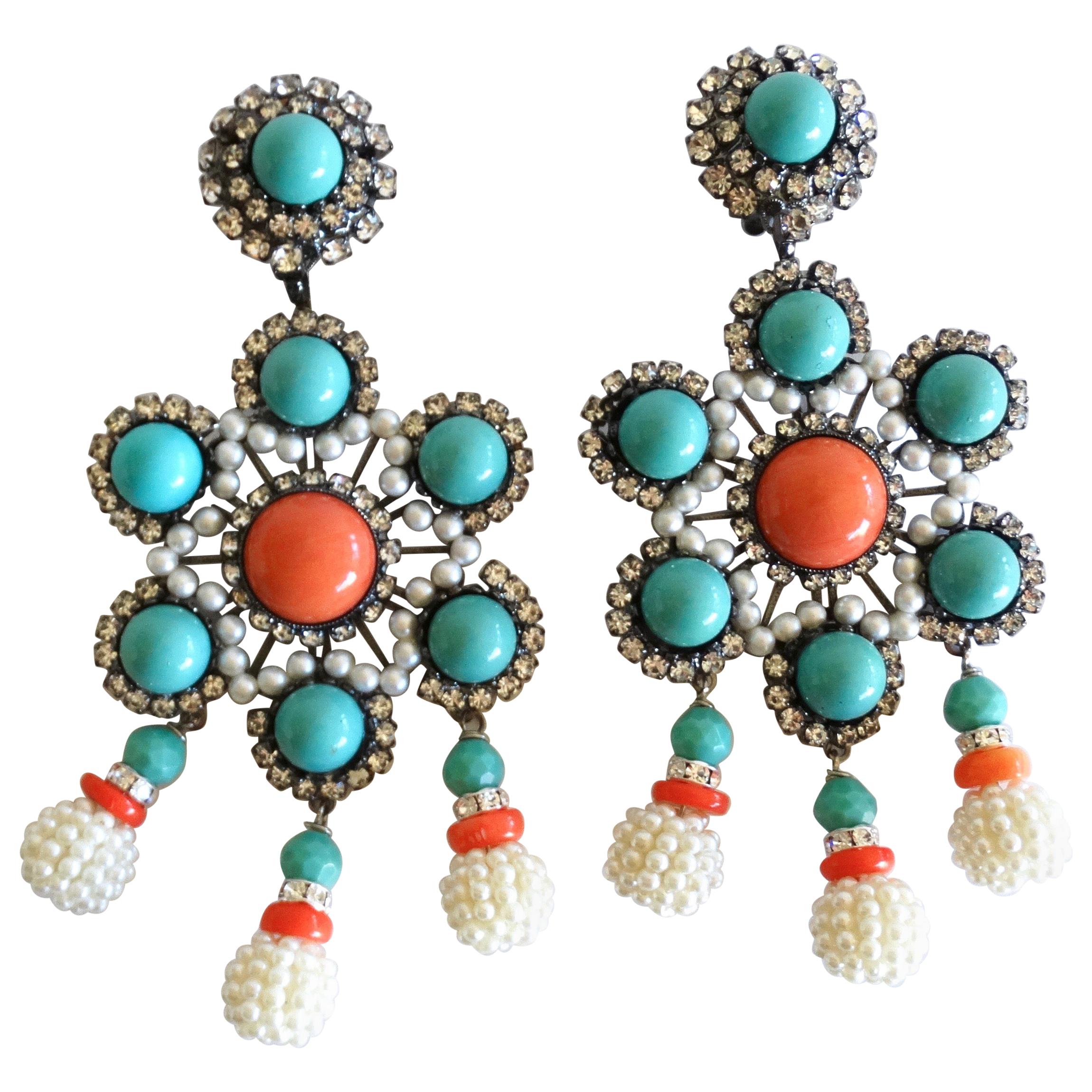 Bead embroidered earrings Coral and turquoise chandelier earrings Handmade Red blue statement earrings for women Large gemstone earrings