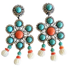 Vintage Lawrence Vrba Turquoise & Coral Beaded Clip-On Earrings 