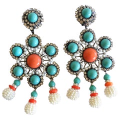 Lawrence Vrba Clips d'oreilles en perles turquoises et corail 