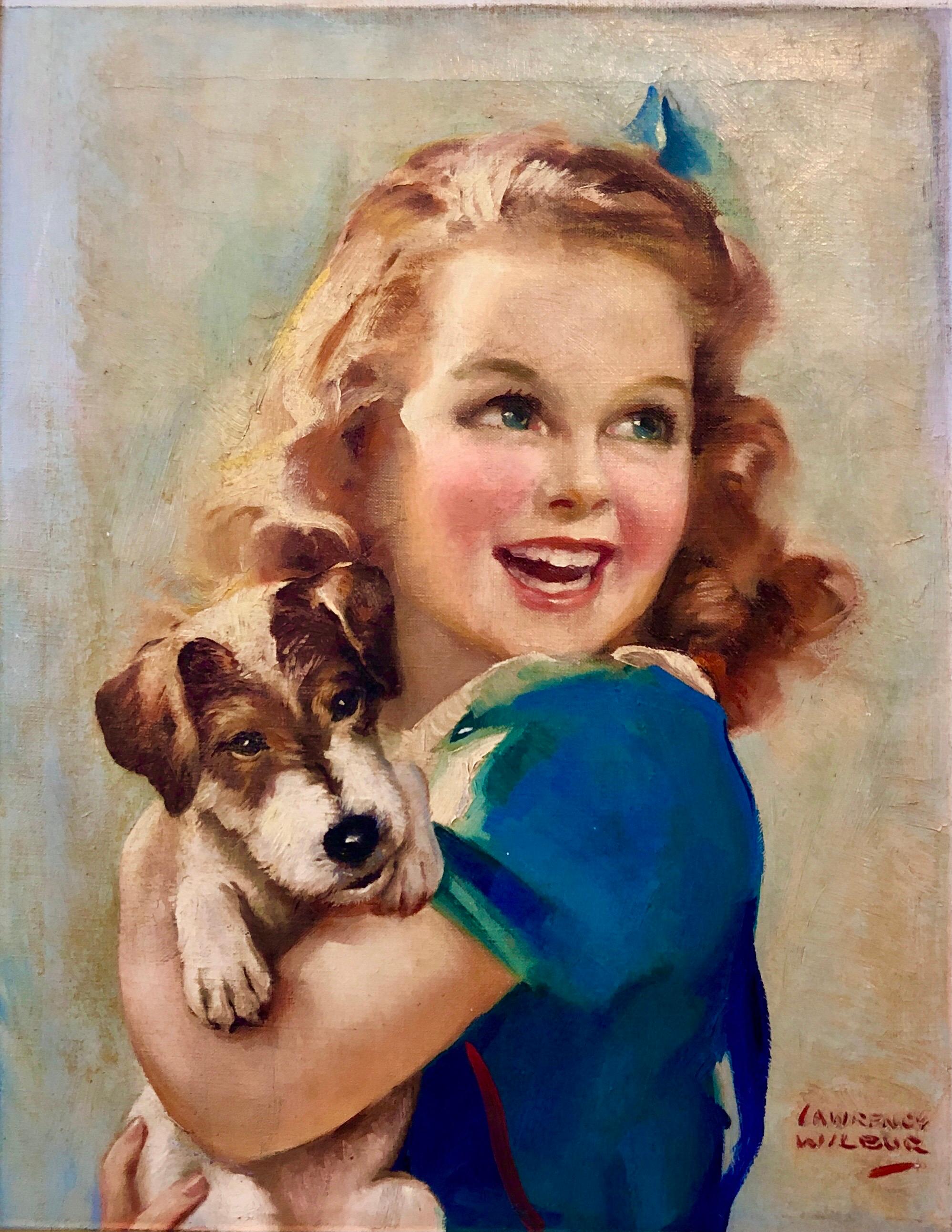 Peinture à l'huile vintage des années 1930, Girl, Puppy Dog, de l'illustrateur américain Lawrence Wilbur en vente 1