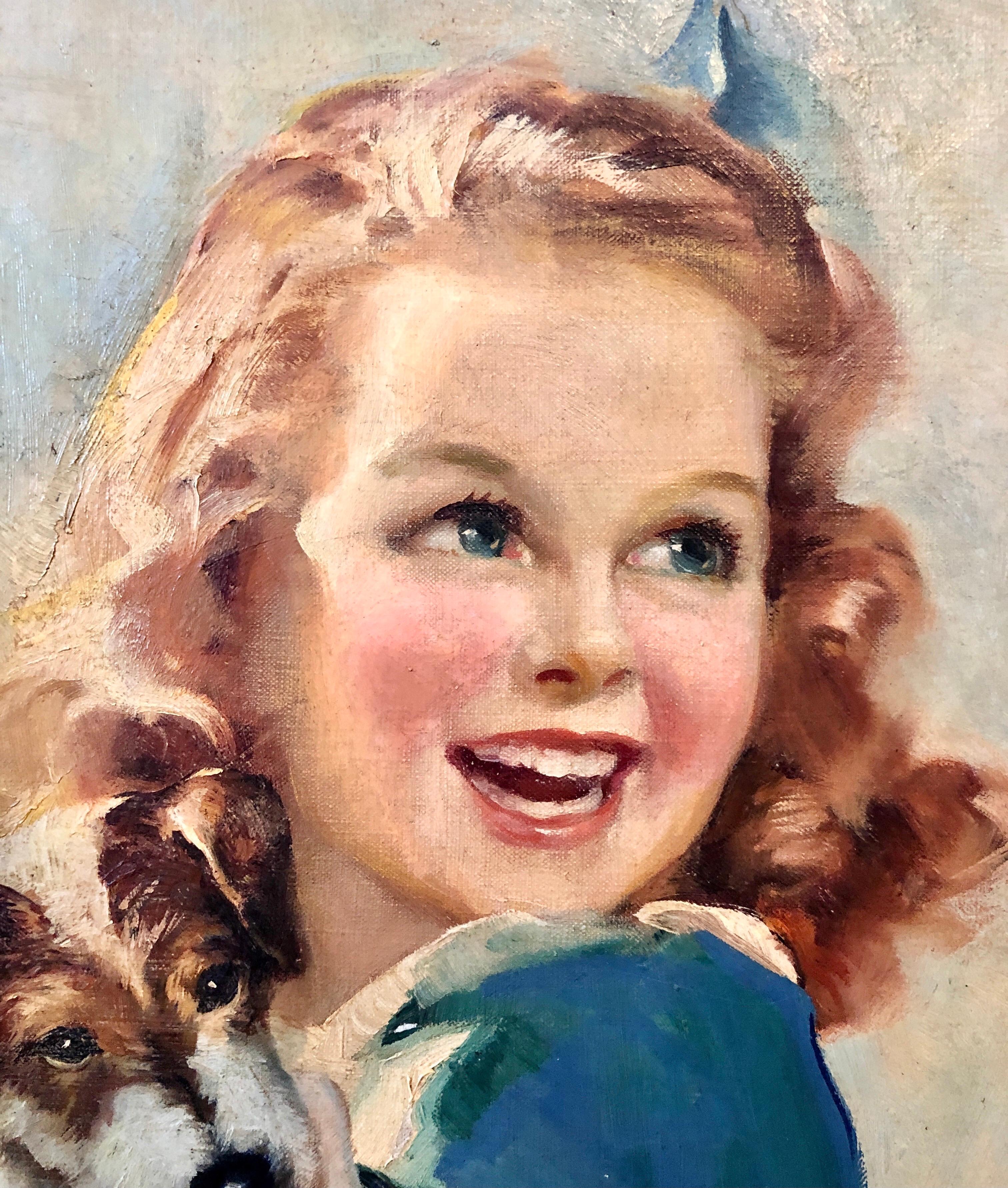 Peinture à l'huile vintage des années 1930, Girl, Puppy Dog, de l'illustrateur américain Lawrence Wilbur en vente 3