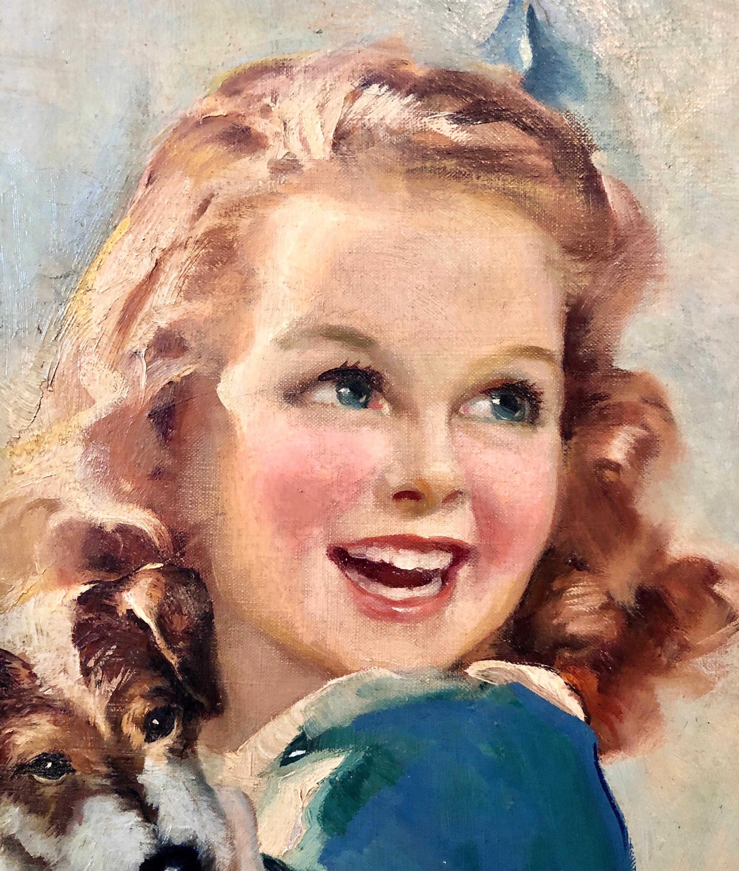 1930s Vintage Oil Painting Girl, Puppy Dog, American Illustrator Lawrence Wilbur For Sale 3