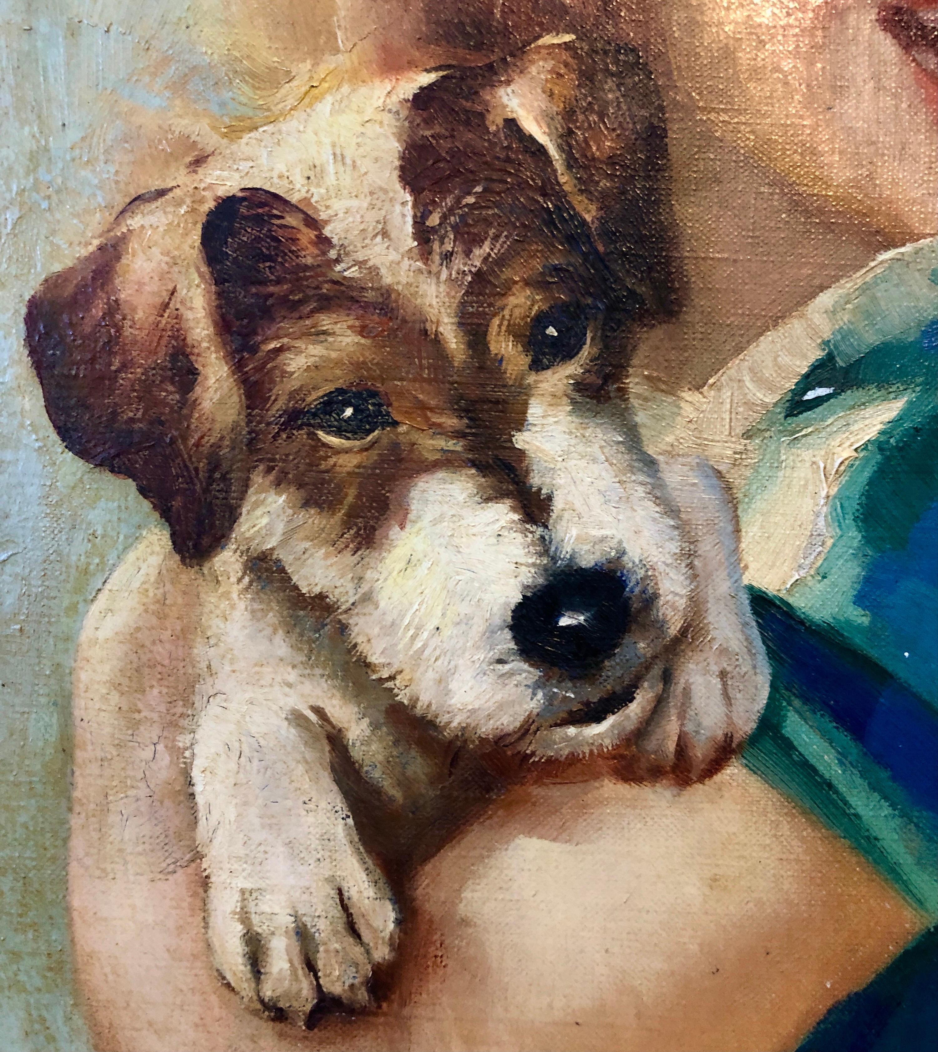 1930s Vintage Oil Painting Girl, Puppy Dog, American Illustrator Lawrence Wilbur For Sale 1