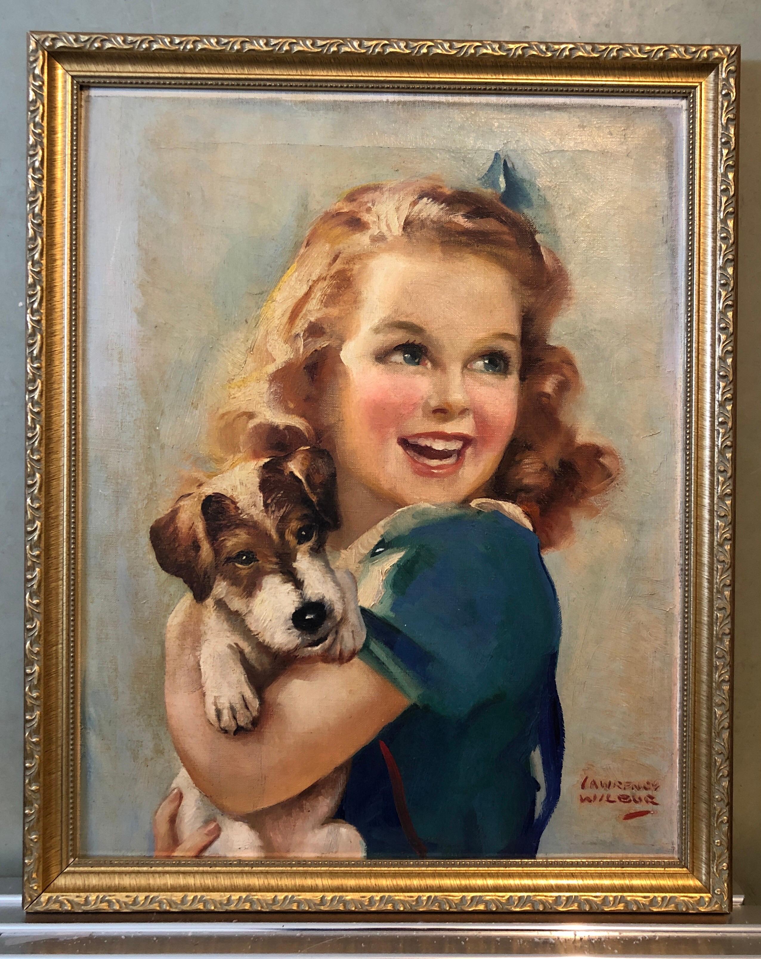 1930s Vintage Oil Painting Girl, Puppy Dog, American Illustrator Lawrence Wilbur For Sale 3