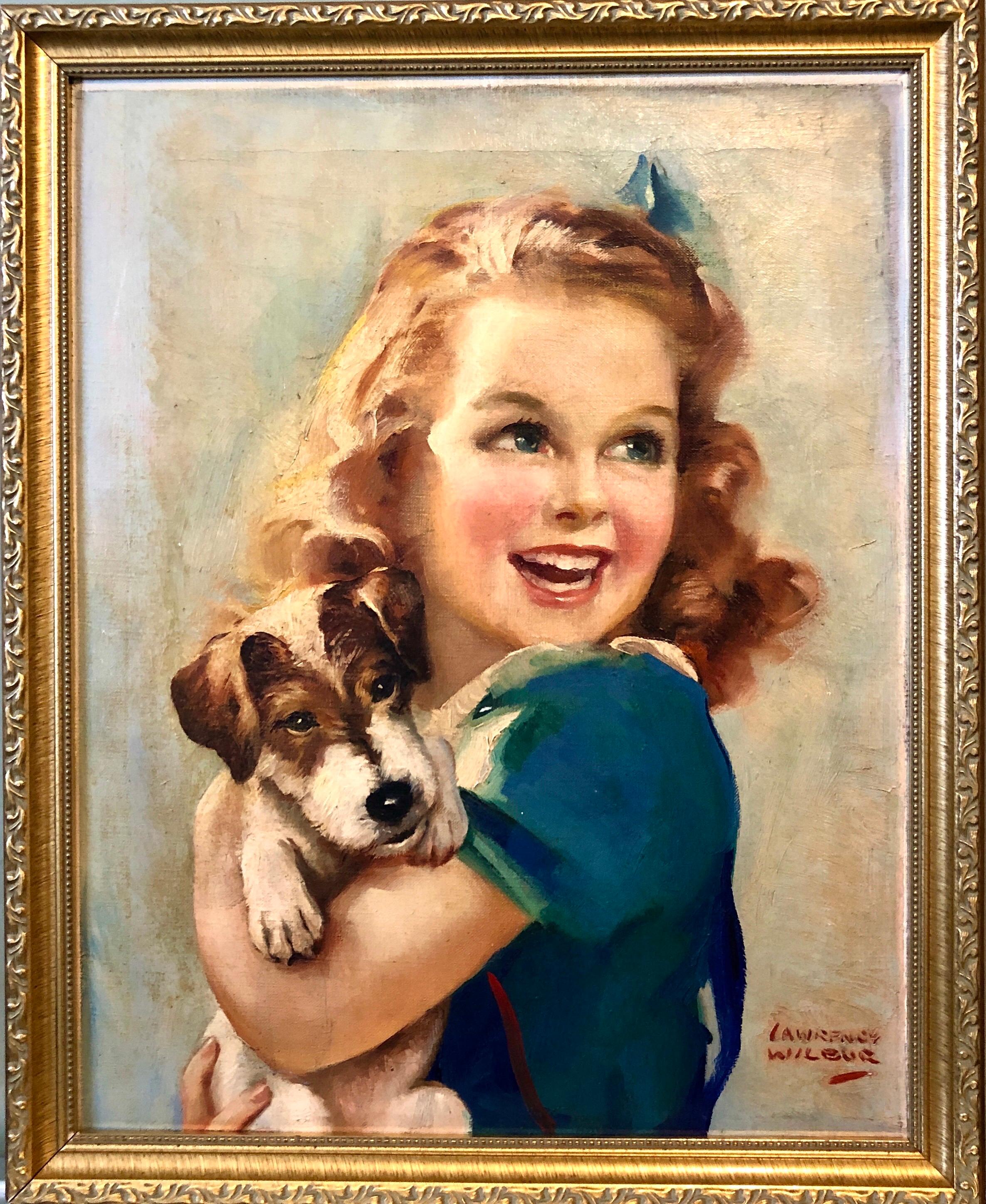 1930s Vintage Pintura al Óleo Chica, Perro Cachorro, Ilustrador Americano Lawrence Wilbur