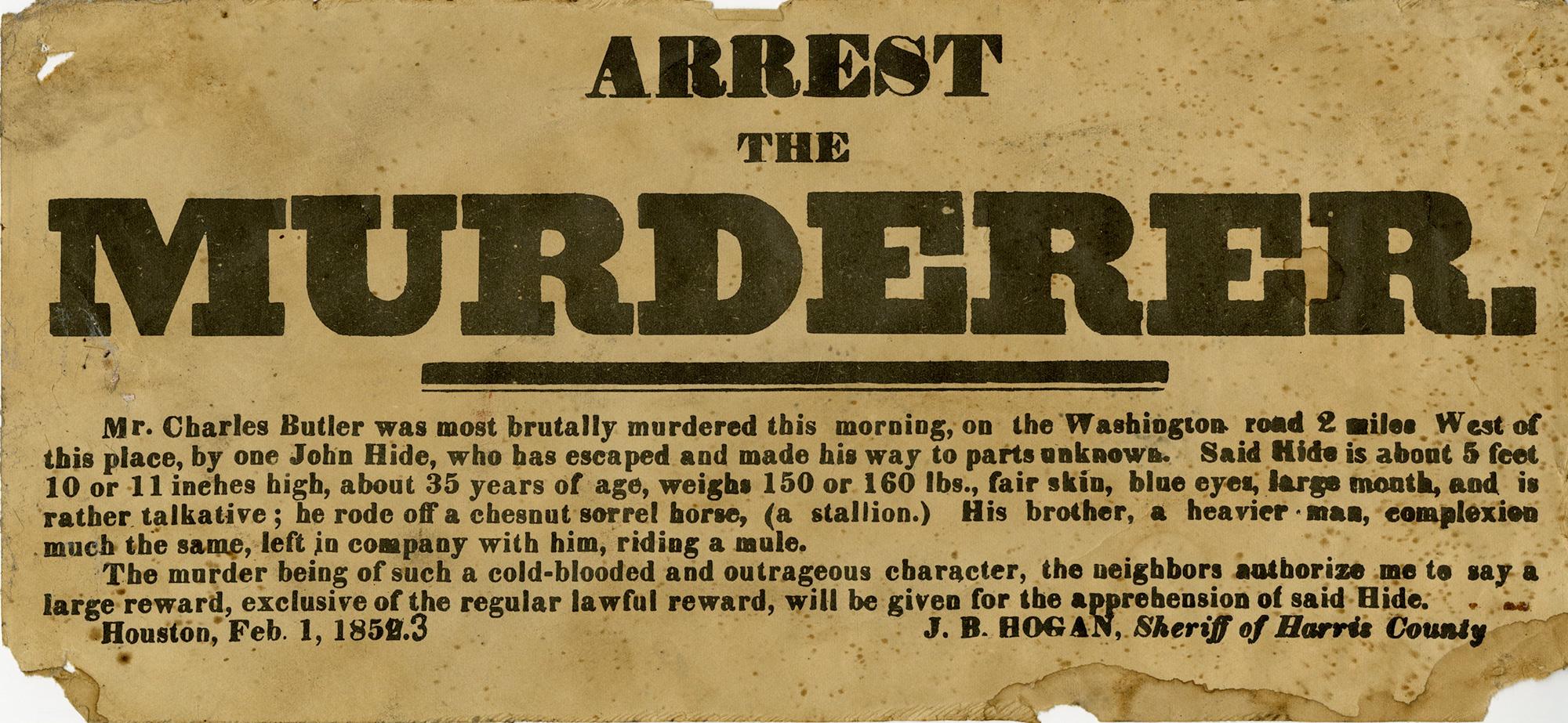 Print de Lawrence Wilbur - Arrestar al asesino - 1853 Broadside, Condado de Harris, Texas