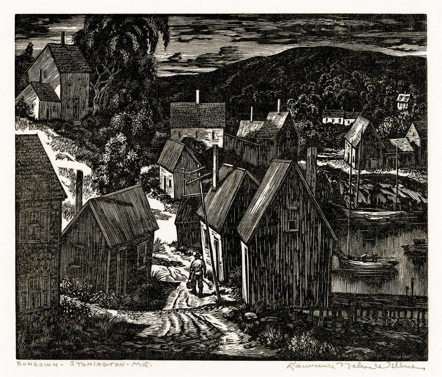 Lawrence Wilbur Landscape Print – Sonnenuntergang, Stonington, Maine" - Künstlerbedruckter Ausstellungsnachweis