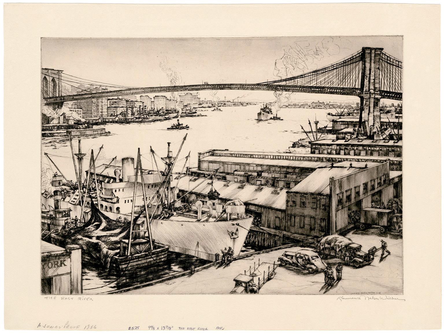 The East River, Brooklyn Bridge - Réalisme du milieu du siècle, New York City - Print de Lawrence Wilbur