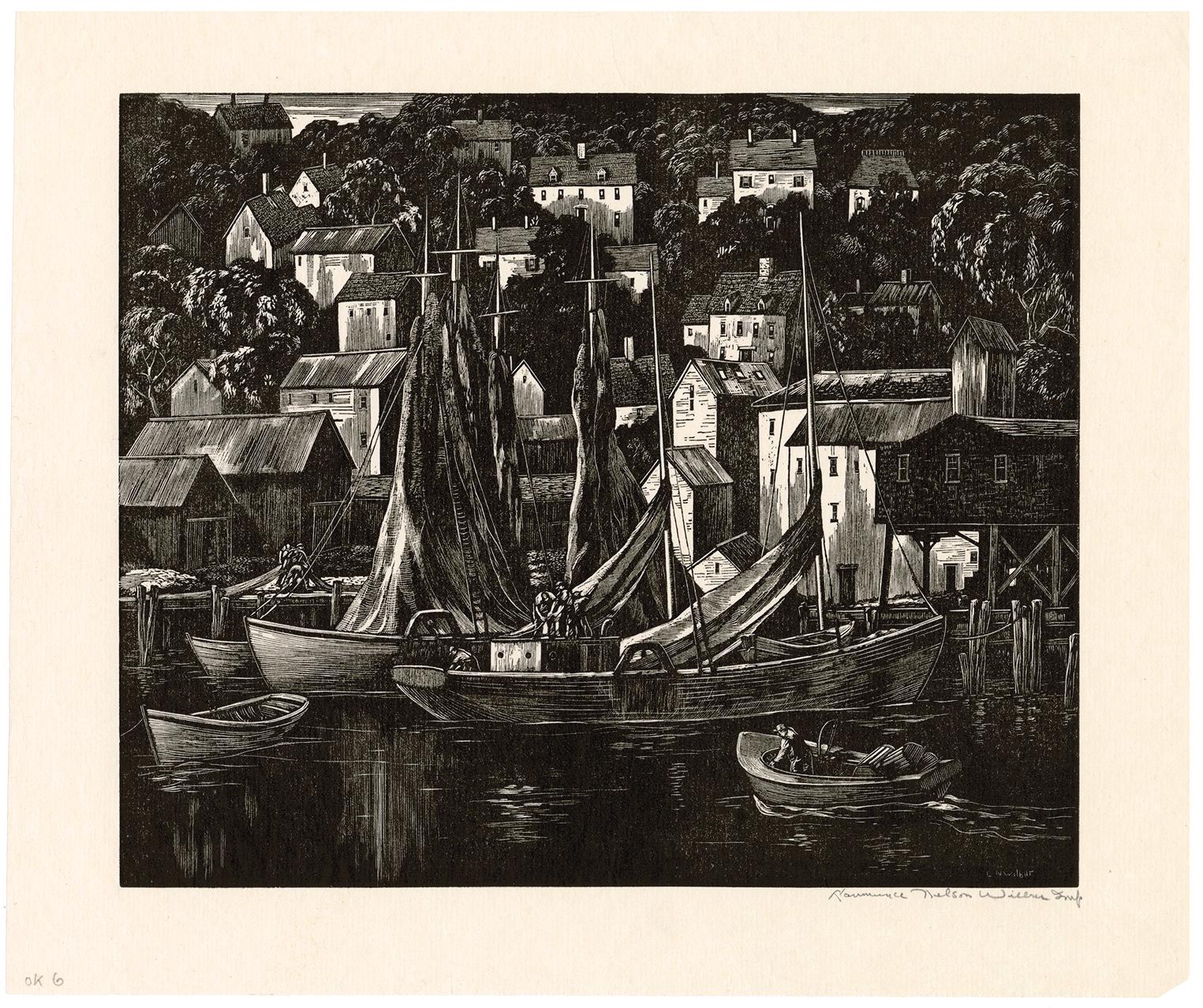 Tranquil Harbor (Gloucester, Massachusetts) - Regionalismo Cape Ann anni '50 - Print di Lawrence Wilbur
