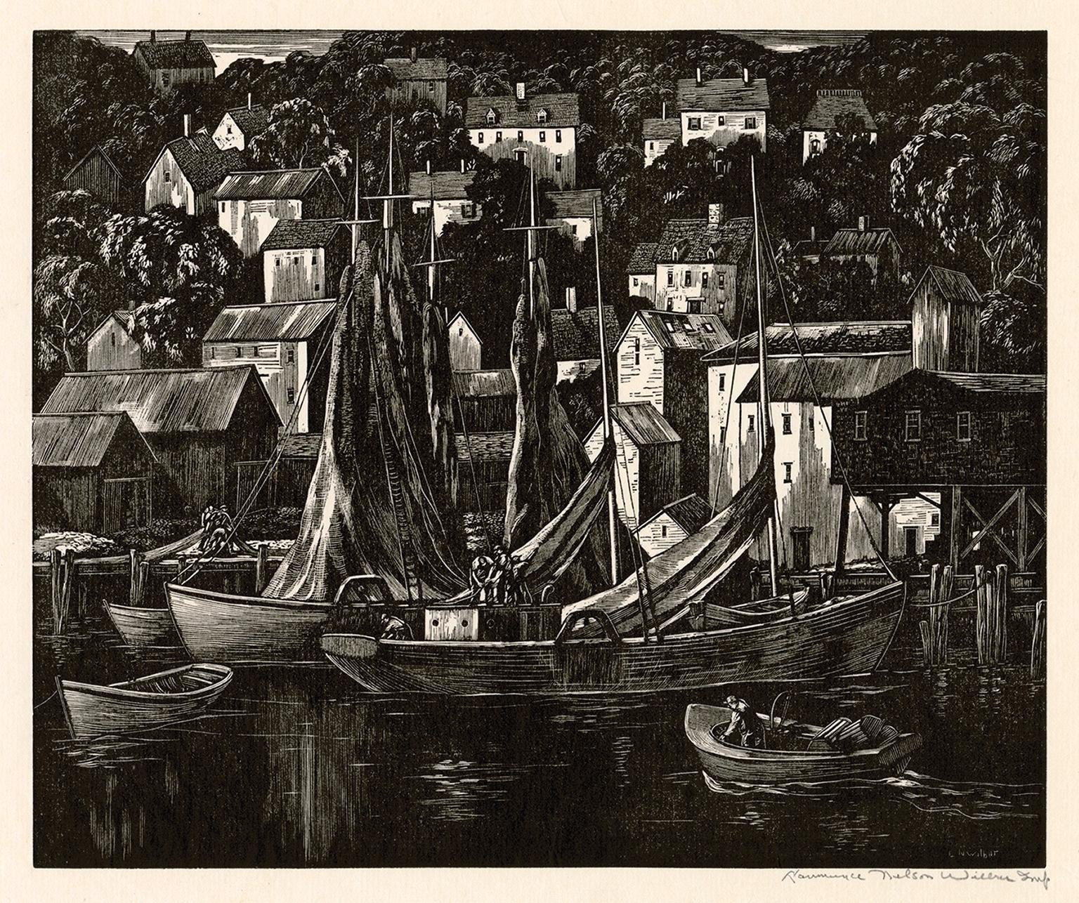 Landscape Print di Lawrence Wilbur - Tranquil Harbor (Gloucester, Massachusetts) - Regionalismo Cape Ann anni '50
