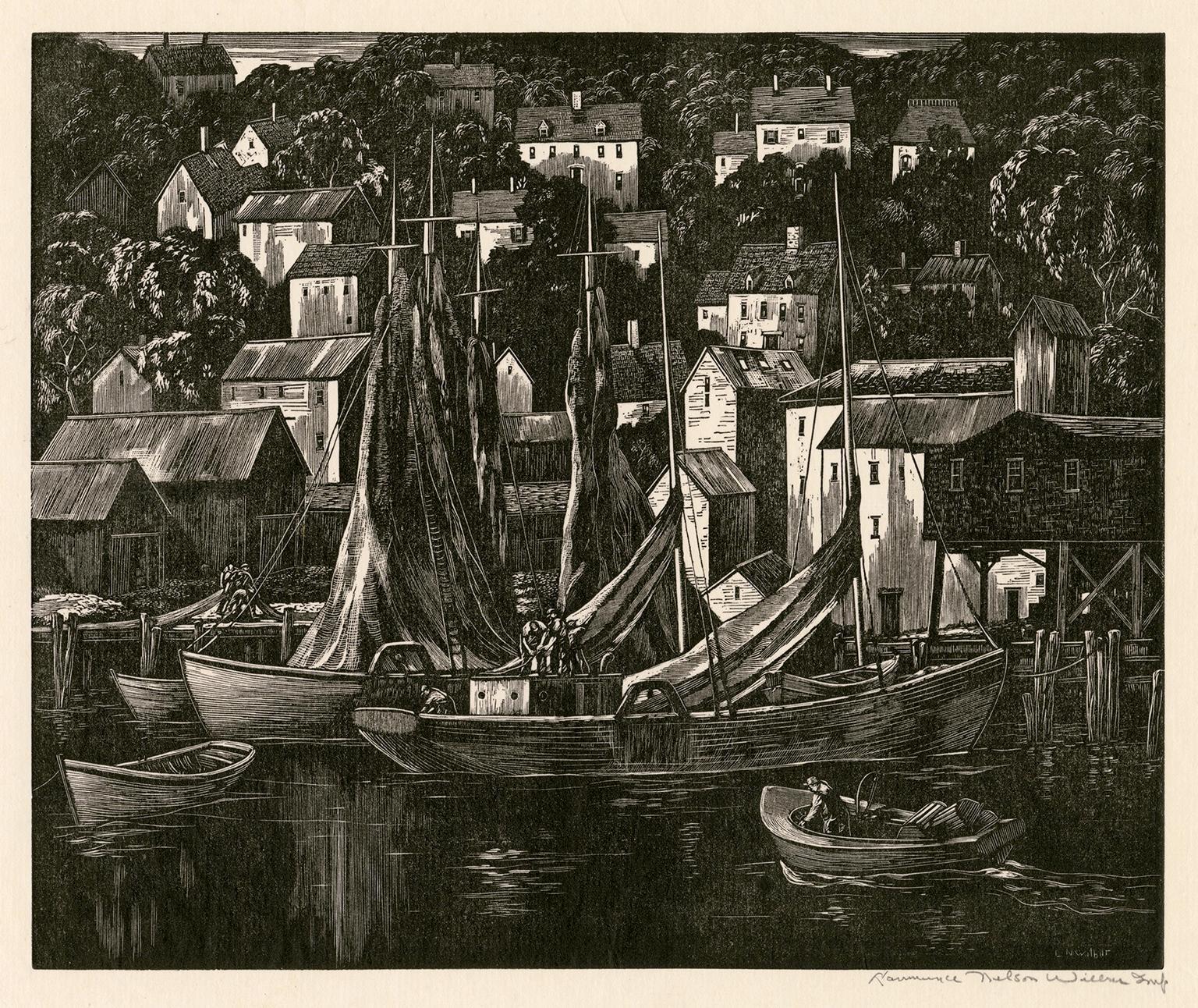 Lawrence Wilbur Landscape Print – Ruhiger Hafen (Gloucester, Massachusetts)