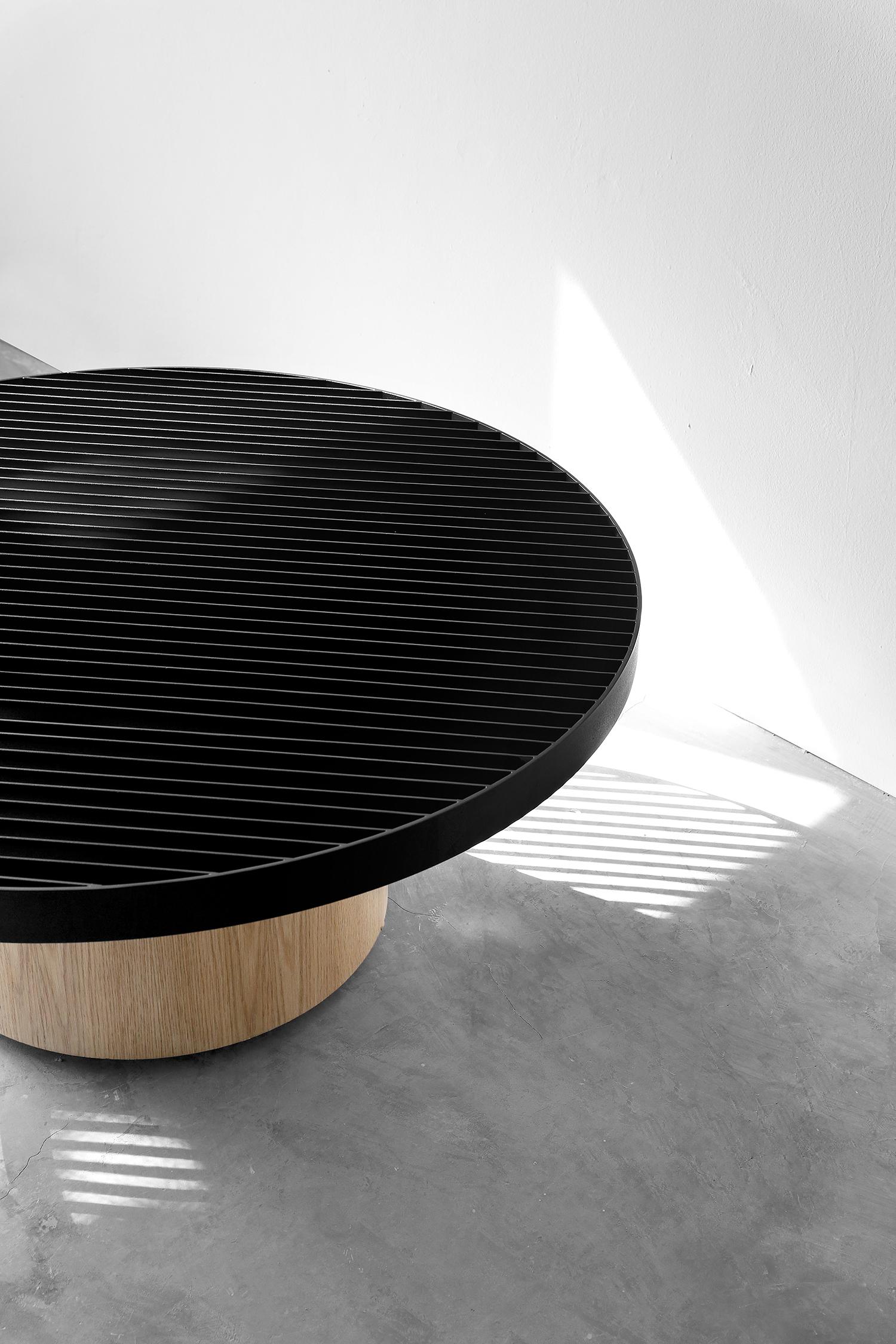 Post-Modern Laws of Motion Round Coffee Table in Oak and Metal Finish by Joel Escalona
