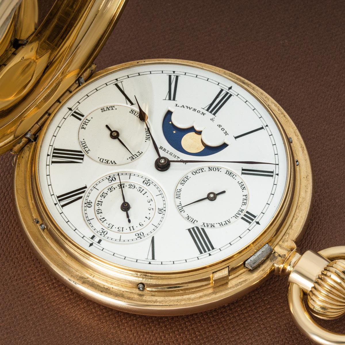 Lawson & Son Brighton. A Rare Full Calendar Heavy 18ct Yellow Gold Hunter Keyless Lever Pocket Watch C1900s.

Dial: The superb white enamel dial with Roman numerals outer minute track signed Lawson & son Brighton. With the moon phase at twelve