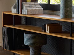 Lawson-Fenning Maker's Console, Oak & Perforated Metal, Modern Bookshelf