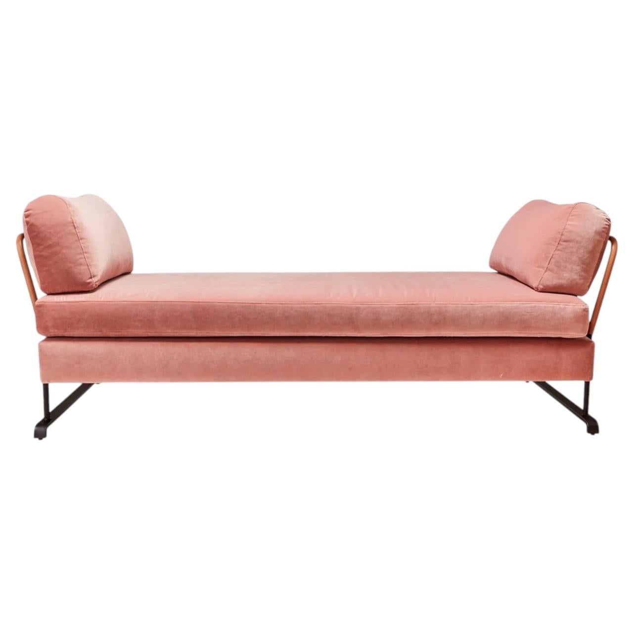 Lawson-Fenning Maker's Daybed, Modern Pink Velvet Lounger w/ Leather Wrapped Arm
