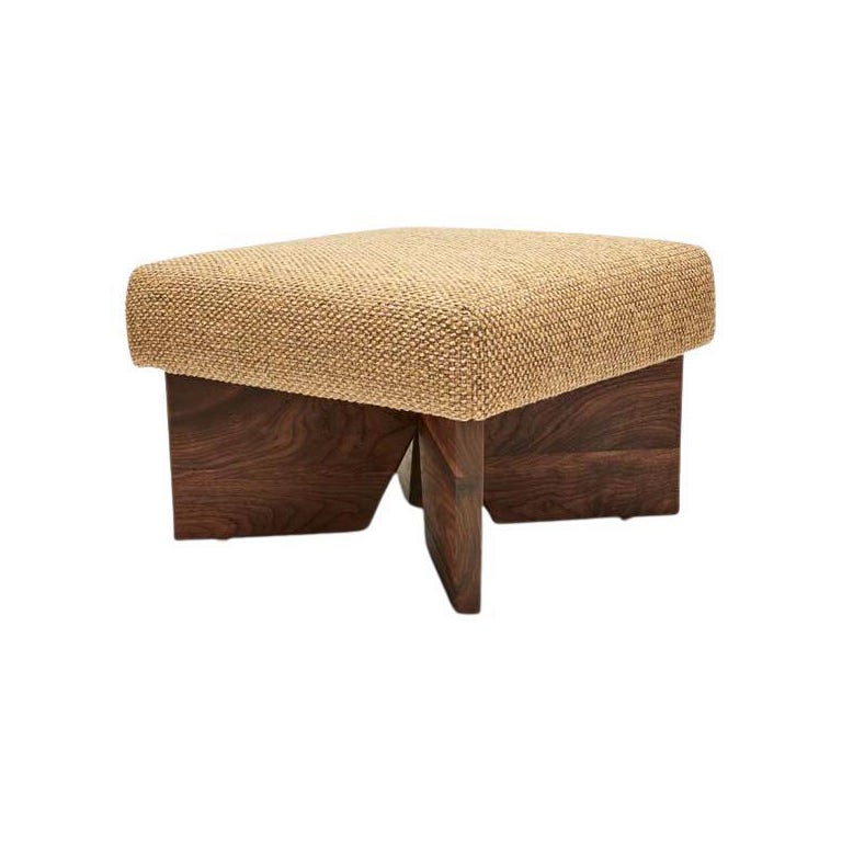 Lawson-Fenning Portola Ottoman, Tweed & Solid Walnut, Modern Foot Stool
