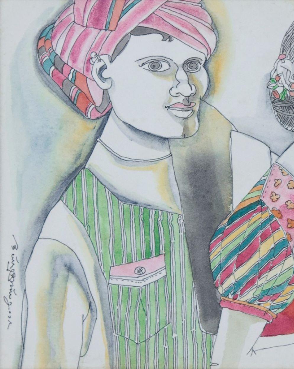 Couple, Villagers, Watercolor on Paper, Pink, Green by Modern Artist 