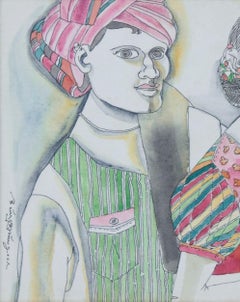 Couple, Villagers, Watercolor on Paper, Pink, Green by Modern Artist "In Stock"