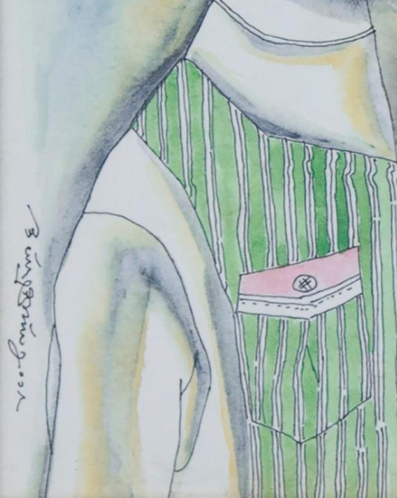Couple, Villagers, Watercolor on Paper, Pink, Green by Modern Artist 
