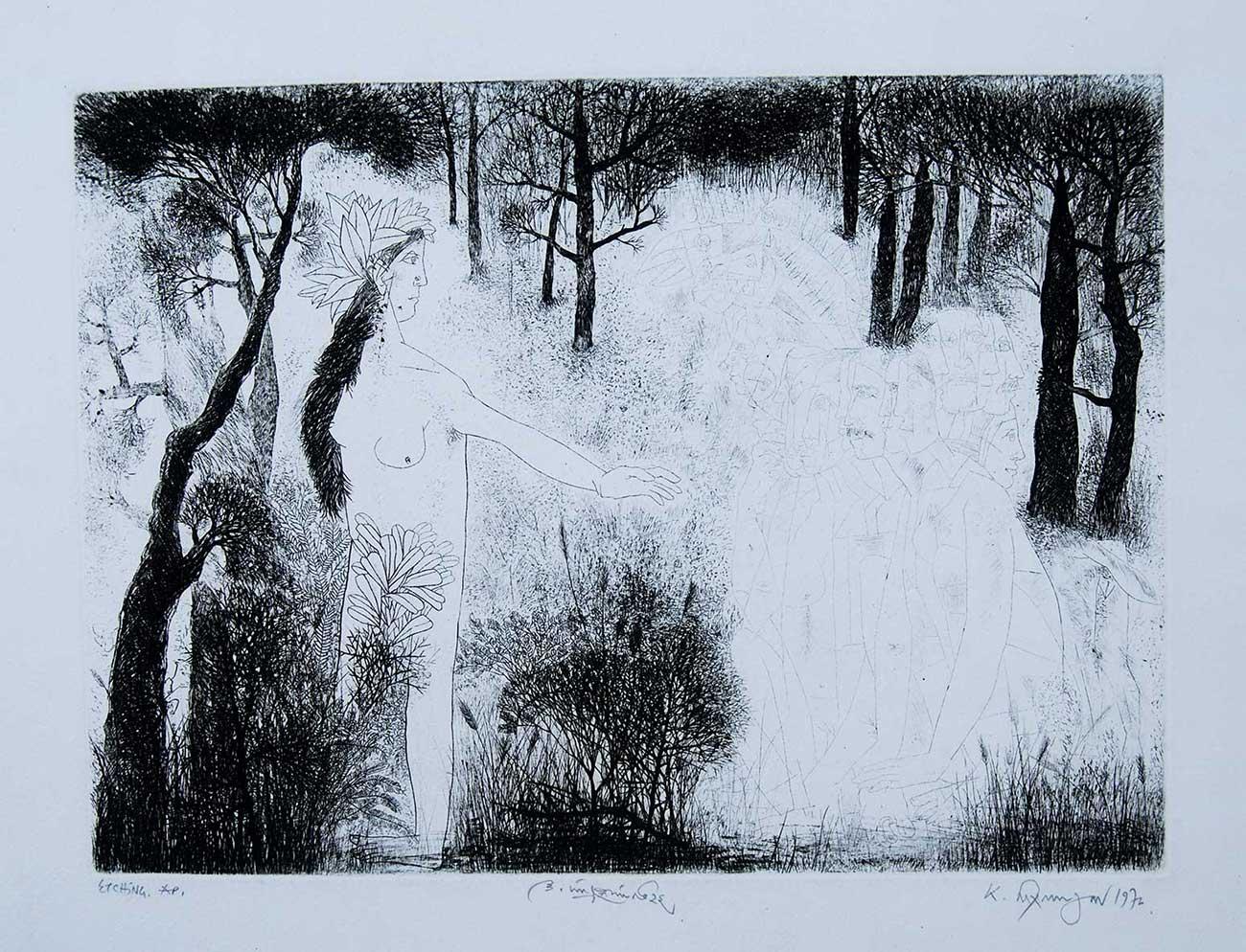 Laxma Goud Figurative Painting - Forest, Etching on Paper, Black, White by Modern Indian Artist "In Stock"