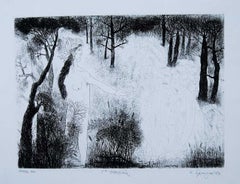 Forêt, eau-forte sur papier, noir et blanc par l'artiste indien moderne « En stock »